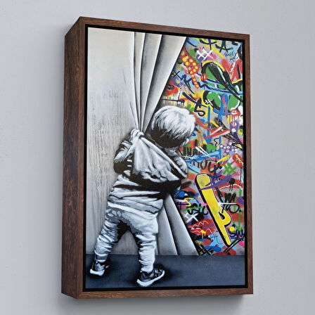 Beyaz Çerçeveli Bansky Tarzı Sokak Sanatı Dekoratif Duvar Tablosu