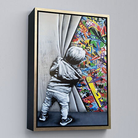 Beyaz Çerçeveli Bansky Tarzı Sokak Sanatı Dekoratif Duvar Tablosu