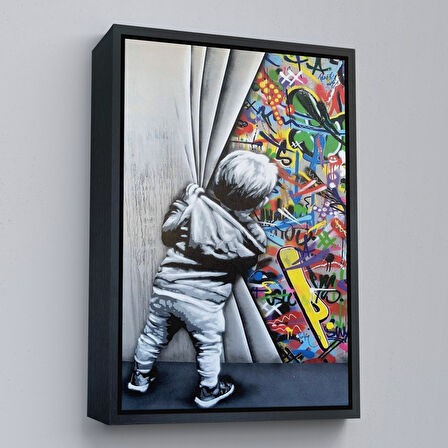 Beyaz Çerçeveli Bansky Tarzı Sokak Sanatı Dekoratif Duvar Tablosu