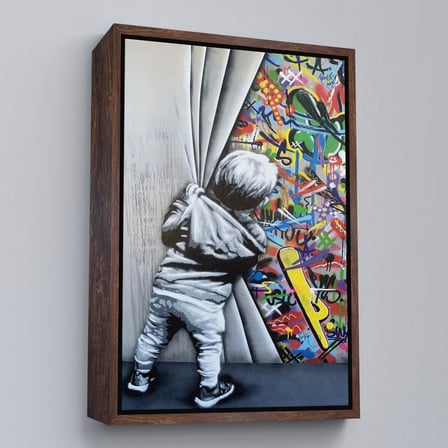 Kahverengi Çerçeveli Bansky Tarzı Sokak Sanatı Dekoratif Duvar Tablosu