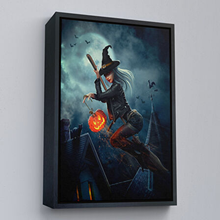 Altın Çerçeveli Süpürge İle Uçan Cadı ve Kabağı Cadılar Bayramı Helloven Duvar Tablosu
