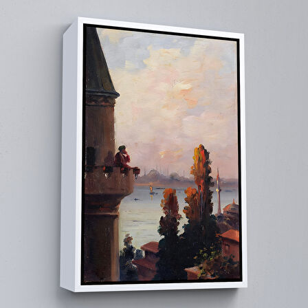 Altın Çerçeveli Galata Kulesinde Ezan Okudan Adam Duvar Tablo