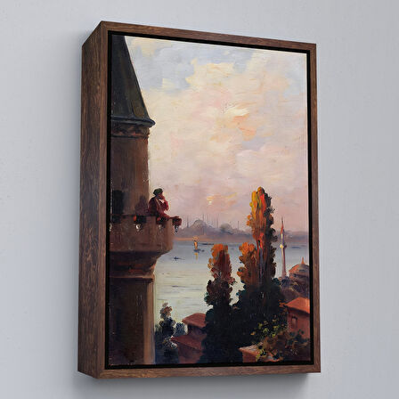 Beyaz Çerçeveli Galata Kulesinde Ezan Okudan Adam Duvar Tablo