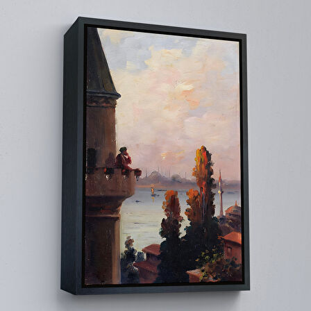 Beyaz Çerçeveli Galata Kulesinde Ezan Okudan Adam Duvar Tablo