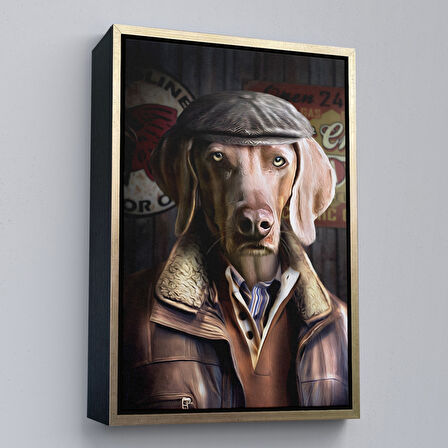 Altın Çerçeveli İnsan Kıyafetli Kasketli Köpek Dekoratif Duvar Tablosu