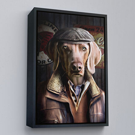Altın Çerçeveli İnsan Kıyafetli Kasketli Köpek Dekoratif Duvar Tablosu