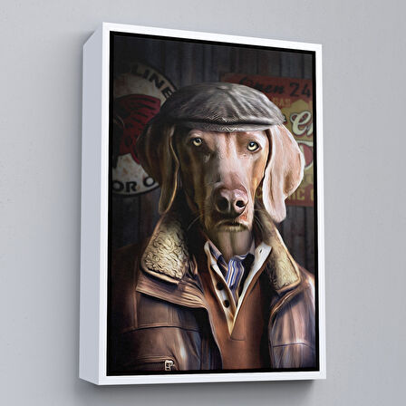 Altın Çerçeveli İnsan Kıyafetli Kasketli Köpek Dekoratif Duvar Tablosu