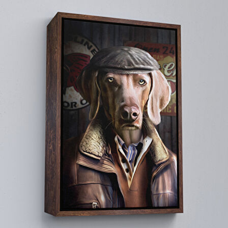 Altın Çerçeveli İnsan Kıyafetli Kasketli Köpek Dekoratif Duvar Tablosu