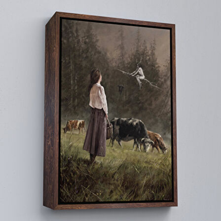 Beyaz Çerçeveli Süpürgeli Cadıya Özenen Kız Dekoratif Duvar Tablosu