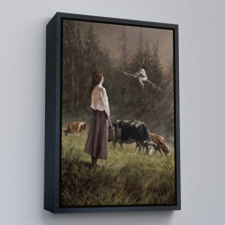 Kahverengi Çerçeveli Süpürgeli Cadıya Özenen Kız Dekoratif Duvar Tablosu