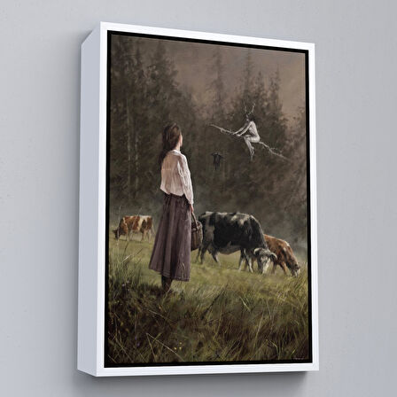 Kahverengi Çerçeveli Süpürgeli Cadıya Özenen Kız Dekoratif Duvar Tablosu