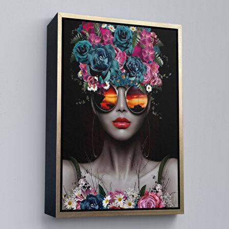 Kahverengi Çerçeveli Renkli Çiçekler İle Güzel Kadın Dekoratif Duvar Tablosu