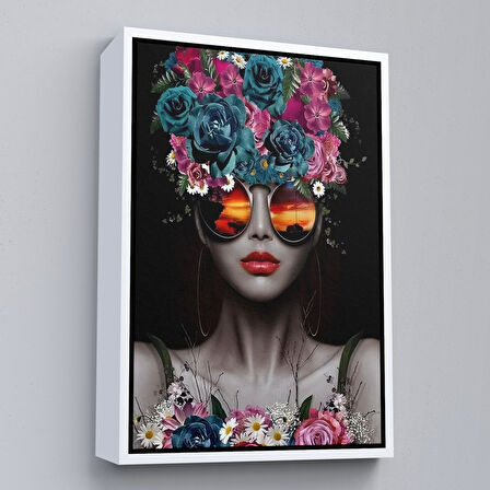 Siyah Çerçeveli Renkli Çiçekler İle Güzel Kadın Dekoratif Duvar Tablosu