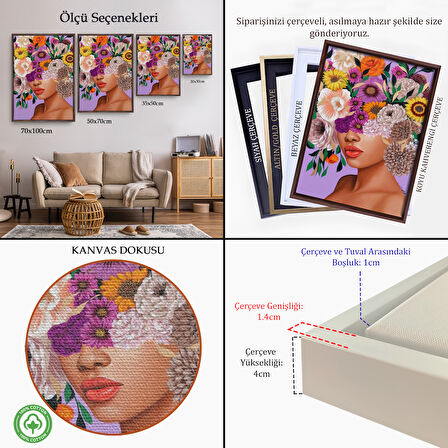 Beyaz Çerçeveli Çiçek Kafalı Kız Çocuğu Dekoratif Duvar Tablosu