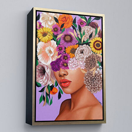 Kahverengi Çerçeveli Çiçek Kafalı Kız Çocuğu Dekoratif Duvar Tablosu