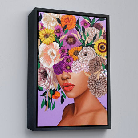 Kahverengi Çerçeveli Çiçek Kafalı Kız Çocuğu Dekoratif Duvar Tablosu