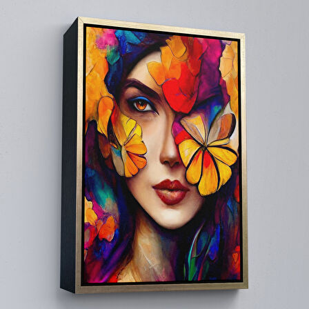 Altın Çerçeveli Çiçek ve Kadın Temalı Dekoratif Duvar Tablosu