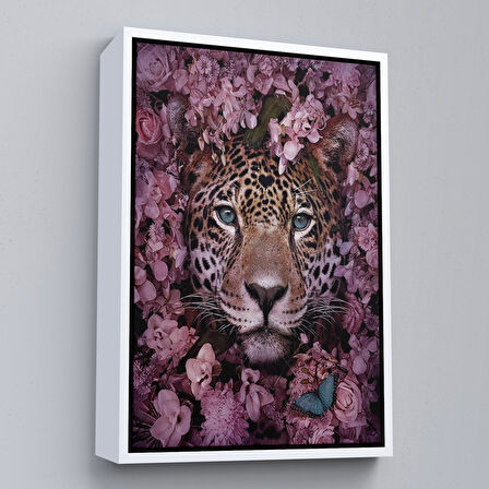 Kahverengi Çerçeveli Pembe Çiçekler Arasında Vahşi Leopar Dekoratif Duvar Tablosu