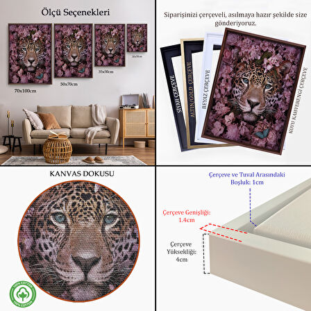 Kahverengi Çerçeveli Pembe Çiçekler Arasında Vahşi Leopar Dekoratif Duvar Tablosu