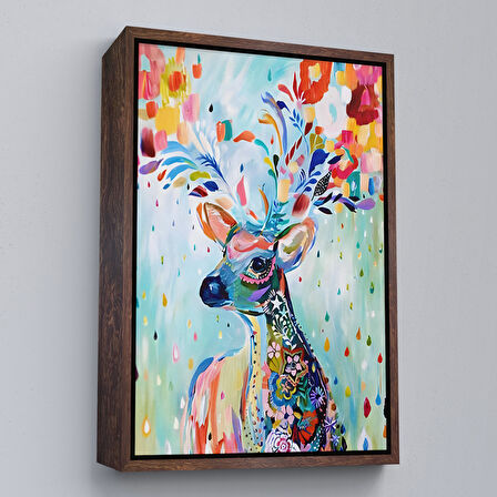 Kahverengi Çerçeveli Renkli Çiçek Detaylı Geyik Dekoratif Duvar Tablosu