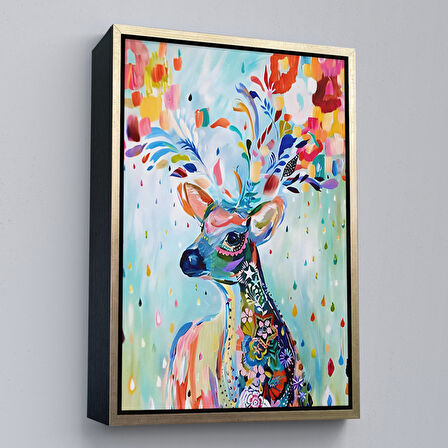 Kahverengi Çerçeveli Renkli Çiçek Detaylı Geyik Dekoratif Duvar Tablosu