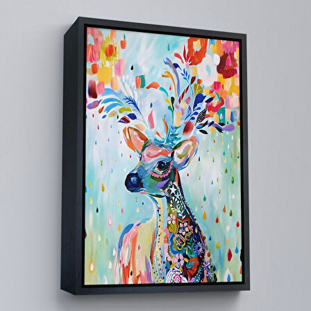 Kahverengi Çerçeveli Renkli Çiçek Detaylı Geyik Dekoratif Duvar Tablosu