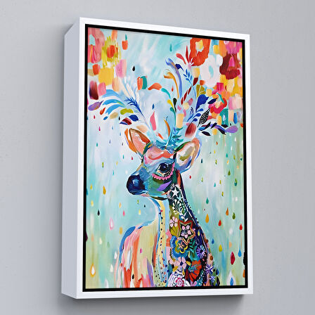 Kahverengi Çerçeveli Renkli Çiçek Detaylı Geyik Dekoratif Duvar Tablosu