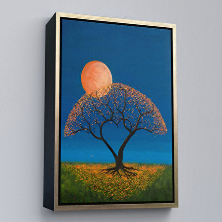 Altın Çerçeveli Gece Ay Işığındaki Aşk Ağacı Dekoratif Duvar Tablosu