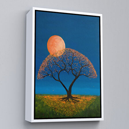 Altın Çerçeveli Gece Ay Işığındaki Aşk Ağacı Dekoratif Duvar Tablosu