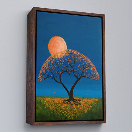 Siyah Çerçeveli Gece Ay Işığındaki Aşk Ağacı Dekoratif Duvar Tablosu