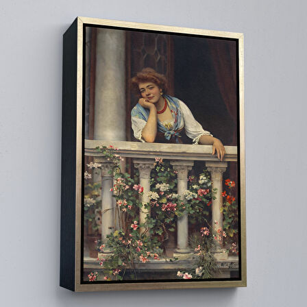 Beyaz Çerçeveli Çiçekli Balkonda Sevgilisini Bekleyen Güzel Kadın Tablosu