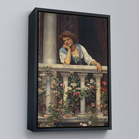 Beyaz Çerçeveli Çiçekli Balkonda Sevgilisini Bekleyen Güzel Kadın Tablosu