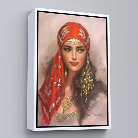 Kahverengi Çerçeveli Kırmızı Başörtülü Güzel kadın Duvar Tablosu