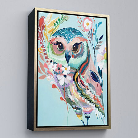 Altın Çerçeveli Çiçekler İçindeki Sanatsal Baykuş Tablosu