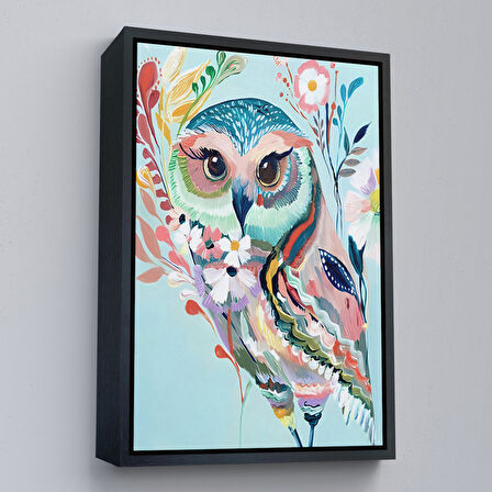 Altın Çerçeveli Çiçekler İçindeki Sanatsal Baykuş Tablosu