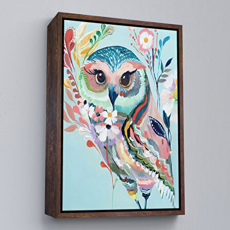 Altın Çerçeveli Çiçekler İçindeki Sanatsal Baykuş Tablosu