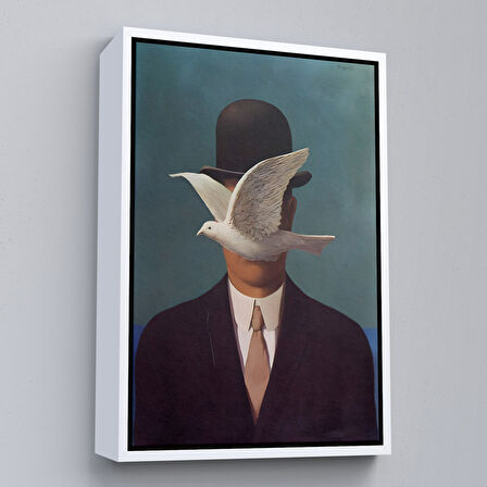 Siyah Çerçeveli Rene Magritte Melon Şapkalı Adam Sürreal Duvar Tablosu