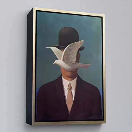 Siyah Çerçeveli Rene Magritte Melon Şapkalı Adam Sürreal Duvar Tablosu