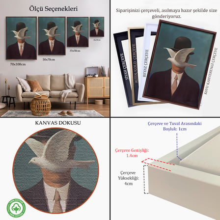 Altın Çerçeveli Rene Magritte Melon Şapkalı Adam Sürreal Duvar Tablosu