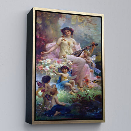 Altın Çerçeveli Bahçedeki Anne ve Melekleri Dekoratif Duvar Tablosu