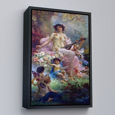 Altın Çerçeveli Bahçedeki Anne ve Melekleri Dekoratif Duvar Tablosu