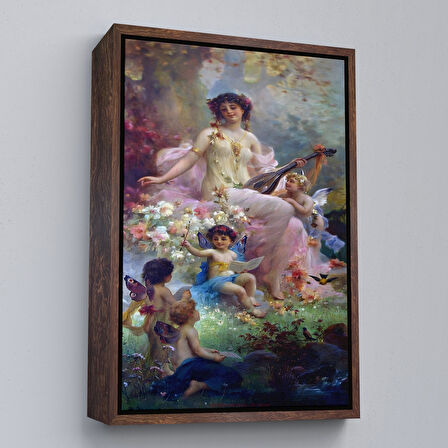 Altın Çerçeveli Bahçedeki Anne ve Melekleri Dekoratif Duvar Tablosu