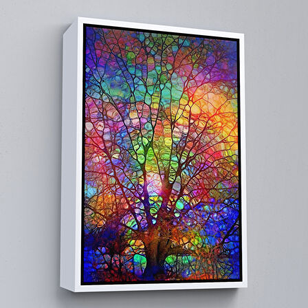 Beyaz Çerçeveli Sanatsal Cam Ağaç Kanvas Tablosu