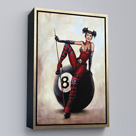 Altın Çerçeveli Bilardo Topunun Üstünde Oturan Pub Kızı Duvar Tablosu