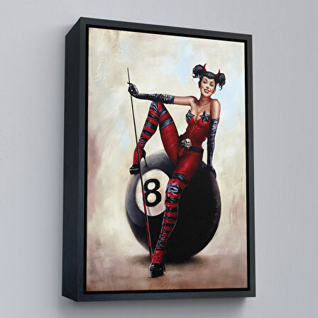 Siyah Çerçeveli Bilardo Topunun Üstünde Oturan Pub Kızı Duvar Tablosu