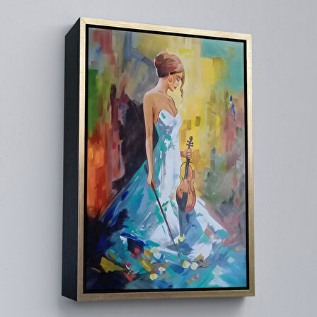 Altın Çerçeveli Keman Çalan Kadın Dekortif Duvar Tablosu