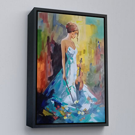 Altın Çerçeveli Keman Çalan Kadın Dekortif Duvar Tablosu