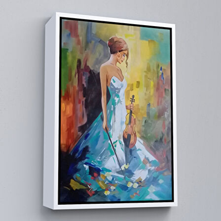 Altın Çerçeveli Keman Çalan Kadın Dekortif Duvar Tablosu