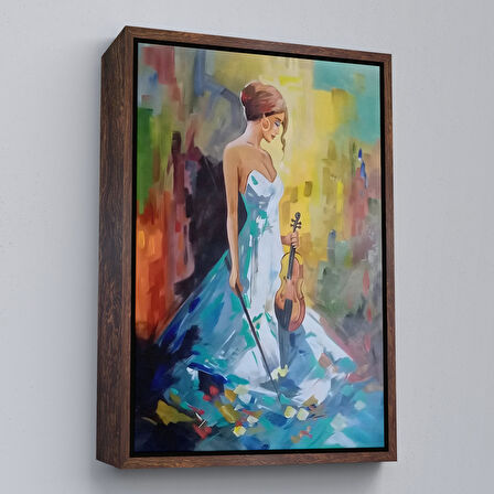 Altın Çerçeveli Keman Çalan Kadın Dekortif Duvar Tablosu