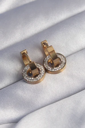 316L Çelik Gold Renk Zirkon Taşlı İç İçe Geçmeli Oval Küpe 5886